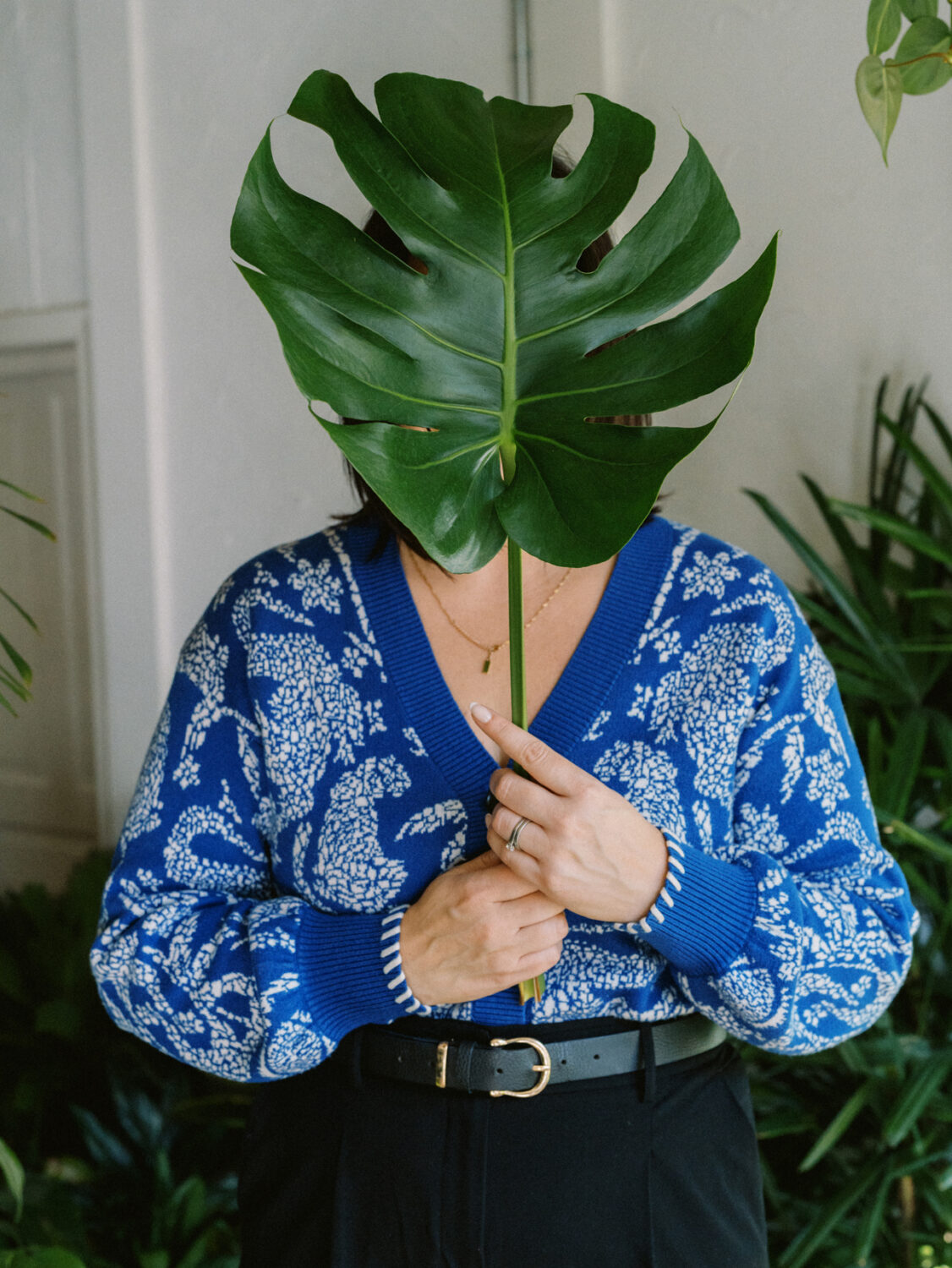 woman in a blue sweater holding a monstera leaf in front of her face