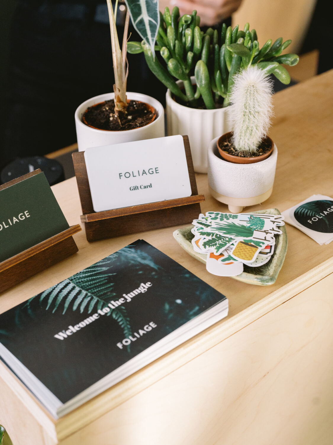 business cards and marketing materials for a shop on a wooden counter.