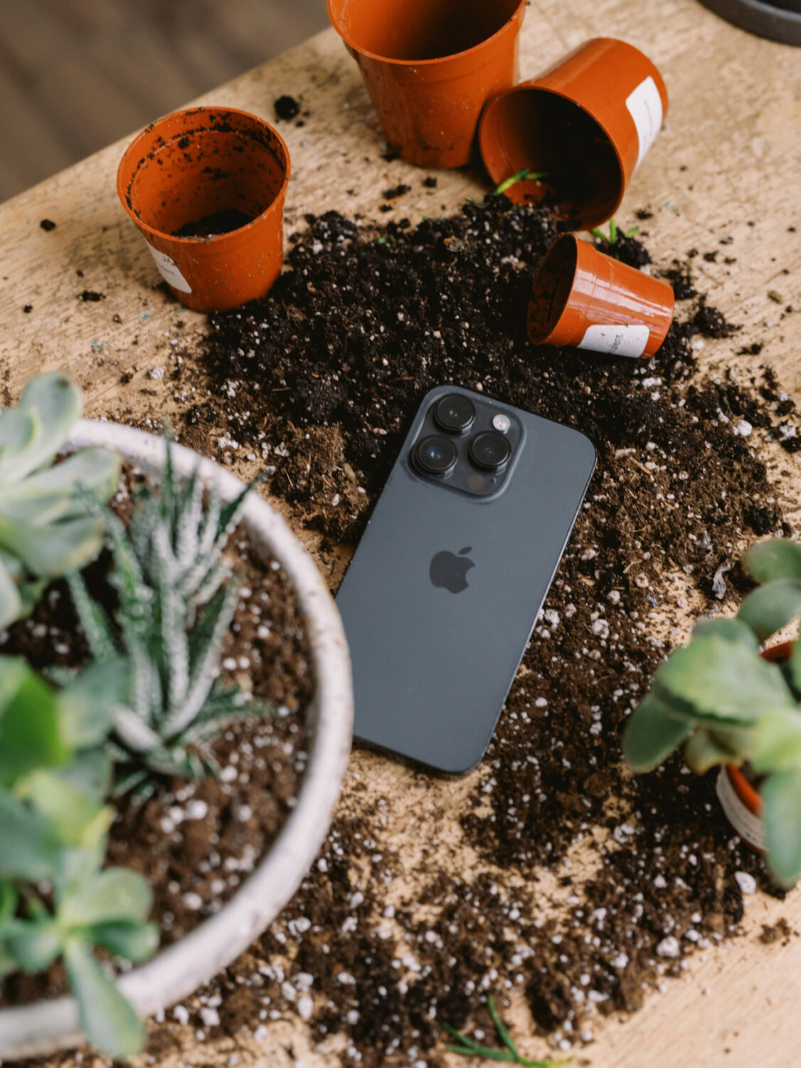 iphone sitting in dirt surrounded by pots and plants